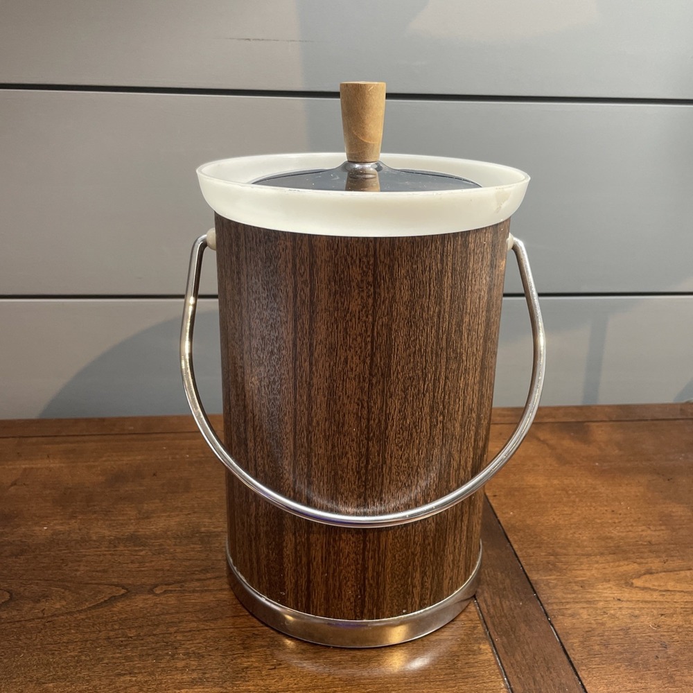 VTG MCM Kromex Ice Bucket Mid Century Modern Faux Wood Chrome Barware Decor